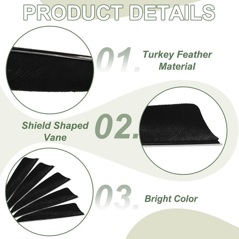 Product details of Turkey Feather Arrow Vanes 3 Inch Left Wing Shield Cut Fletching for Archery Arrows with shield-shaped vane.