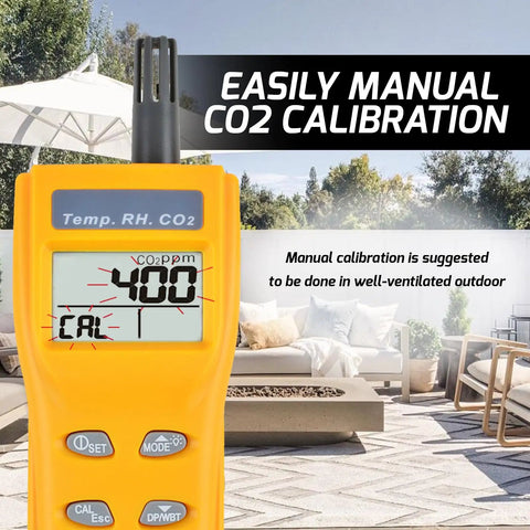 Yellow Must Have Handheld CO2 Meter With Alarm 0 To 9999ppm Carbon Dioxide Detector Temperature And Humidity Readouts NDIR Sensor Air Quality Monitor in outdoor setting
