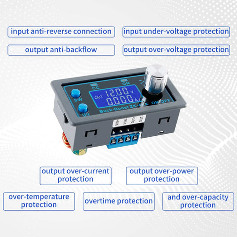 Image of DC Buck Boost Converter Regulator Module With LCD Display And Solid Dope Adjustable CC CV Output From 0.5 To 30 Volts And 0 To 4 Amps For DIY Solar Battery Charging Power Supply CNC Kit, showing LCD, rotary dial, and protection features.