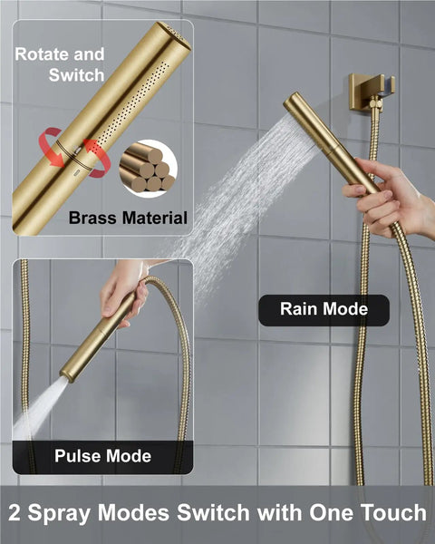 Big Splash 12 Inch Brushed Gold Shower System With Square Rainfall Head And Handy Handheld Sprayer Delivering Killer High Pressure Water Flow Even In Weak Lines Because It Just Hits Different
