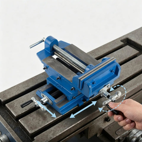 6 Inch Cross Slide Drill Press Vise Built Like A Tank With Nine Point Four In X Axis Travel And Eight In Y Motion shown in use on machinery.