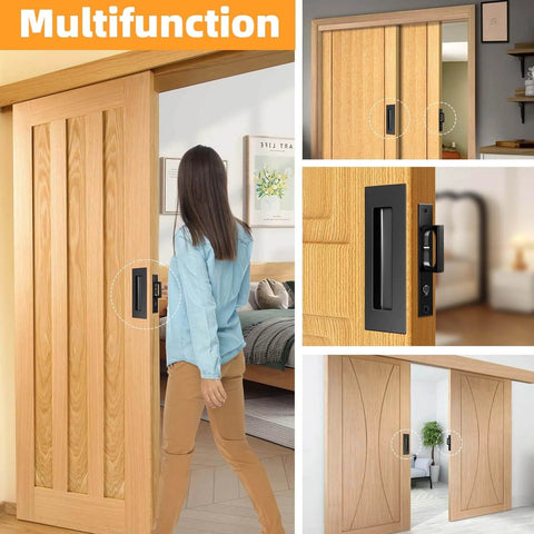 Pocket Door Hardware Set With Flush Recessed Pull Handles, Heavy Duty Sliding Edge Pull With Pop Out Ring, Fits Solid Wood Doors, Black Edge Pulls