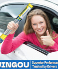 Pair Of 18 Plus 18 Inch Windshield Wiper Blades For Ford Ranger And Chevy Hhr All Season Rubber Wipers showcased by a smiling woman.