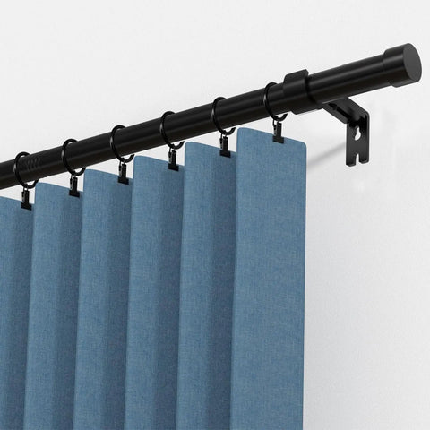 Ultra Long Curtain Rod 30 To 240 Inches Heavy Duty 1 Inch Black Drapery Rod Set With Modern End Caps in use with blue drapes