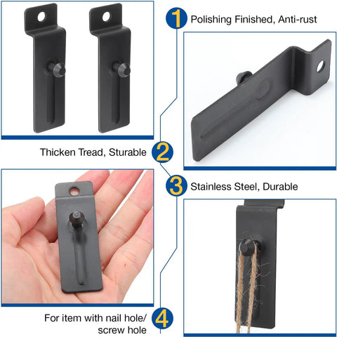 30 Pcs Metal Slatwall Hooks, 3 Inch Notch Hooks, displaying close-ups of hooks showing thickness, polish, stainless steel, and uses.