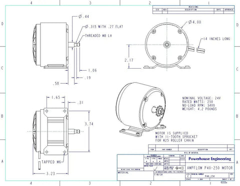 Technical drawing of Powerful P40 250 Brushed Electric Motor For Do It Yourself Projects, dimensions and specifications.