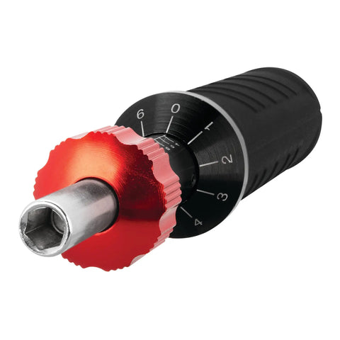 Super Precise Adjustable Micro Torque Screwdriver Great For Electronics Instruments Firearms TPMS Valve Cores And More Delivers Accurate Three To Fifteen Inch Pound Torque Settings To Protect Delicate Parts Includes One Quarter Inch Hex Bit Holder With visible red and black handle and adjustment dial.
