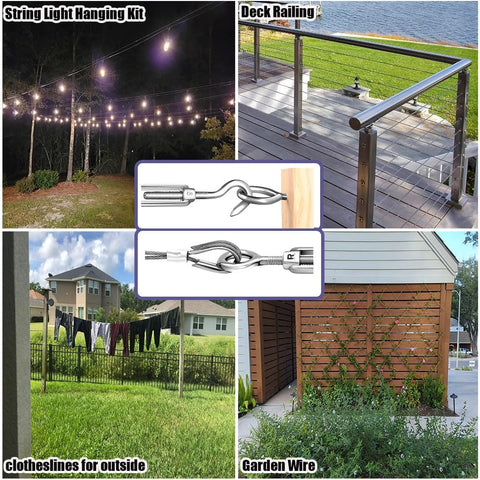 Image showing One Eighth Inch Stainless Steel Wire Rope Cable 100 Feet With M5 Turnbuckle in use for garden wire, clothesline, deck railing, and light hanging.