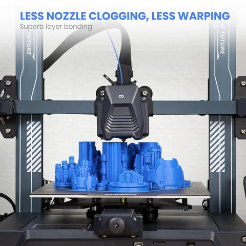 Front view of a 3D printer printing blue PLA models on the build plate