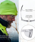 Sixteen Safety Glasses With Integrated Side Shields And Slick Anti Fog Lens show soft rubber temple pads and contoured nose bridge.