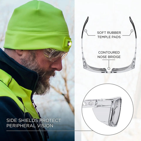Sixteen Safety Glasses With Integrated Side Shields And Slick Anti Fog Lens show soft rubber temple pads and contoured nose bridge.