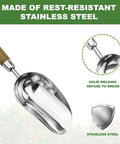 Heavy Duty Bend Proof Stainless Steel Potting Scoop with 1 Cup Capacity and wood handle, highlighting rest-resistant design.