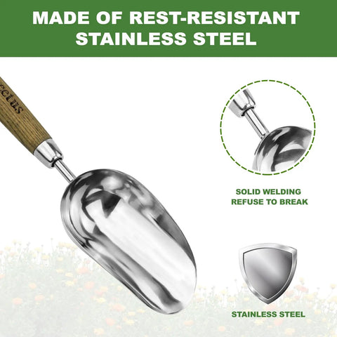 Heavy Duty Bend Proof Stainless Steel Potting Scoop with 1 Cup Capacity and wood handle, highlighting rest-resistant design.