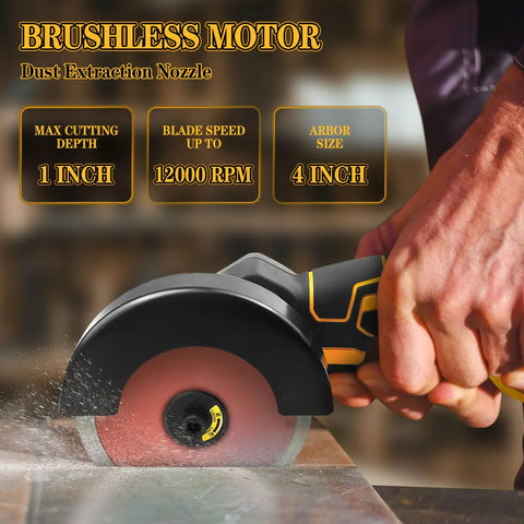 Close-up of 4 Inch Brushless Cordless Cut Off Tool For 20V Battery Compatibility Workhorse 500W Angle Grinder cutting a surface