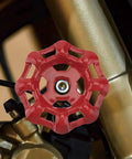No Fuss Cast Iron Faucet Handle With Bold Red Wheel Grip, 43mm OD, installed on a valve, heavy duty rust resistant.