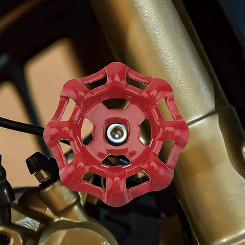 No Fuss Cast Iron Faucet Handle With Bold Red Wheel Grip, 43mm OD, installed on a valve, heavy duty rust resistant.