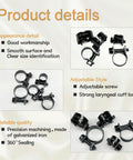 34 Piece Fuel Line Clamps Set In Five Sizes From One Quarter Inch To Five Eighths Inch Heavy Duty Hose Clips For Auto Gas Diesel Fuel Lines Black Zinc Plated And Adjustable, Corrosion Resistant, Comes In Tough Storage Box displayed with product details highlighting adjustable style and reliable quality.