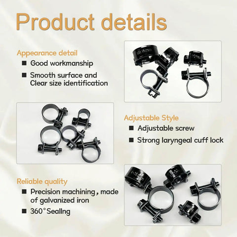 34 Piece Fuel Line Clamps Set In Five Sizes From One Quarter Inch To Five Eighths Inch Heavy Duty Hose Clips For Auto Gas Diesel Fuel Lines Black Zinc Plated And Adjustable, Corrosion Resistant, Comes In Tough Storage Box displayed with product details highlighting adjustable style and reliable quality.