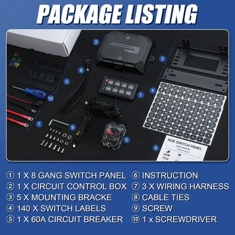 Package contents of 8 Gang RGB Switch Panel With 5 Level Brightness Button For Universal Automotive Circuit Control Relay