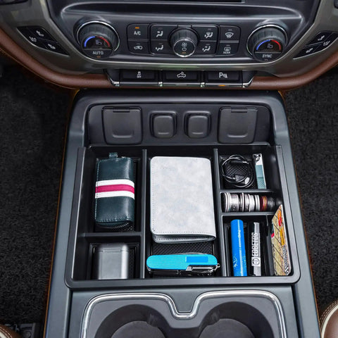 Center Console Organizer Tray For Full Console With Bucket Seats Fits 2014 2018 Chevy Silverado GMC Sierra 1500 And 2015 2019 Silverado Sierra 2500HD 3500HD Storage Compartment For Your Truck filled with items like wallet and pen