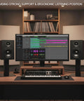 Desktop Speaker Stands Pair With A 7 By 7 Inch Metal Tray And 6 Inch Height Built For Studio Or Desk Setup shown in this music studio