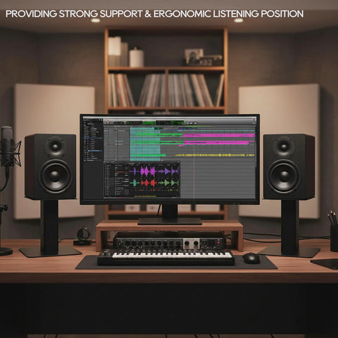 Desktop Speaker Stands Pair With A 7 By 7 Inch Metal Tray And 6 Inch Height Built For Studio Or Desk Setup shown in this music studio