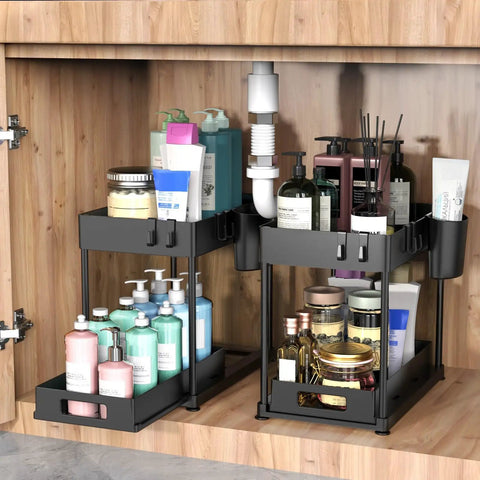 Under Sink Organizer No Brainer With Pull Out Drawer Two Tier Cabinet Storage for Kitchen and Bathroom fits supplies