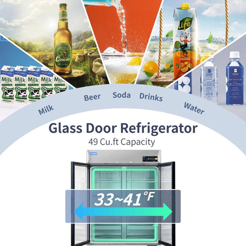 54 Inch Wide Commercial Reach In Display Refrigerator Featuring Dual Tempered Glass Doors Heavy Duty Beverage Merchandiser Cooler, 49 cu ft capacity.