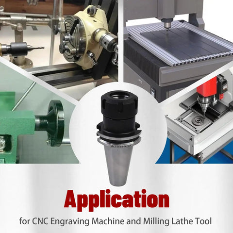 Five Piece CAT40 ER32 Collet Set With Collet Chuck Tooling For CNC Milling Lathe And Engraving Machines Pro Grade Precision 0.0001 Inch Accuracy Stainless Steel Build High Speed Up To 12000 RPM Durable And Easy To Use shown in application with CNC and milling machines.