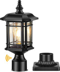 Dusk To Dawn Outdoor Post Light Black Finish Hardwired 120V Lantern With Pier Mount Base, glass panels, and waterproof design.