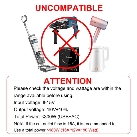 Keep Your Gear Juiced While You Cruise Down The Pavement With This Badass 300W Power Inverter Car Adapter warning against using high-wattage appliances.
