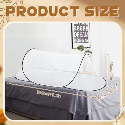 Side view of a Two Pack Large Pop Up Mosquito Net For Bed 78 X 31 X 22 Inch Portable Foldable Mesh Canopy on a bed indoors.