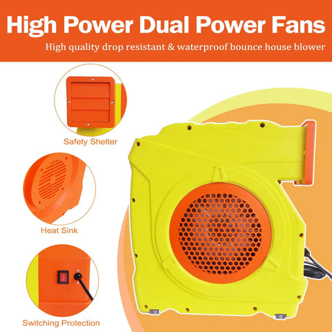 Dual Mode 1300W 1600W Commercial Air Blower with safety features and heat dissipation for bounce houses and inflatables.