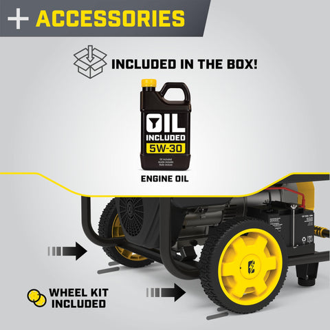 15,000-Watt MKE Series Portable Generator With Electric Start and CO Shield, accessories including engine oil and wheel kit