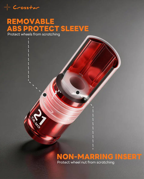 Heavy Duty Half Inch Drive Lug Nut Impact Socket Set Deep Thin Wall Sockets in 17mm 19mm 21mm CR-Mo Steel Non Marring Rim Protector Sleeved Sockets for Wheel Protection and High Torque Jobs with removable ABS sleeve.