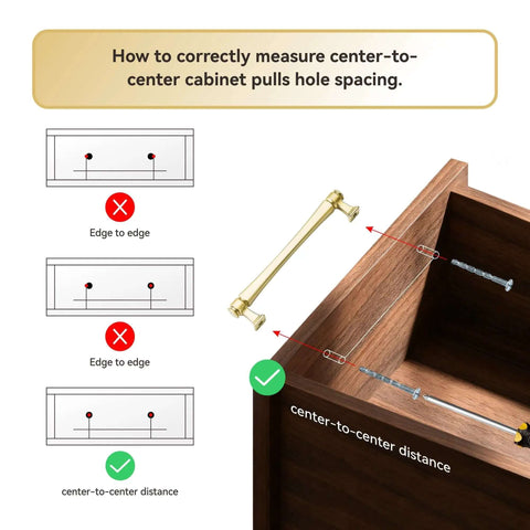 Diagram showing center-to-center measurement for 10 Pack Brushed Gold Cabinet Pulls, 7.5 Inch Center To Center Zinc Alloy Handles installation