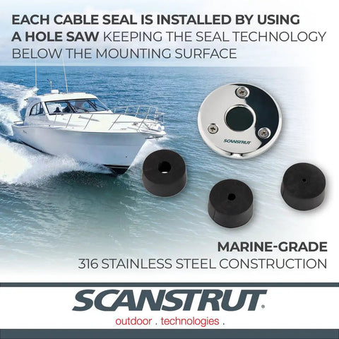 Heavy Duty Low Profile Cable Weatherproof Grommet Crafted From Marine Grade Stainless Steel For Solar Panels And Light Bars Featuring Drop Dead Tough IP68 Watertight Sealing With Zero Hassle Quick Install on a boat with black grommets.