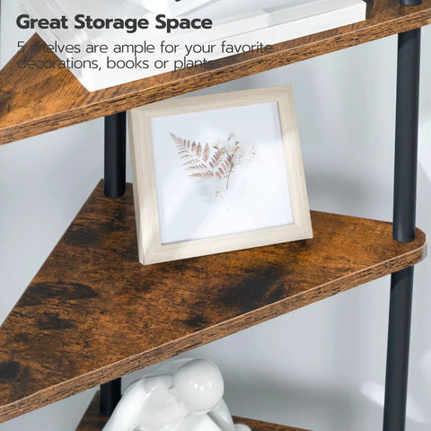Built Different Five Tier Corner Shelf Stand with rustic brown shelves holding a plant and a picture frame, showing storage options.
