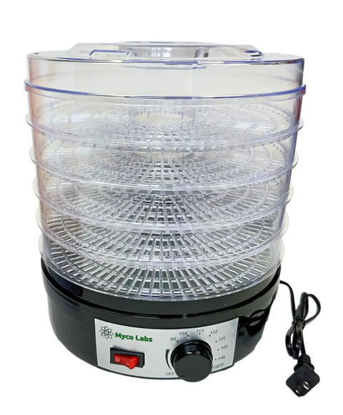 Slick 350 Watt Mushroom Dehydrator With Adjustable Temperature Control And Five Extra Tall Trays That Gonna Dry Your Fresh Herbs Hella Crisp While 360 Airflow Handles Batches Whole No Sweat Ever, compact design with five transparent trays.