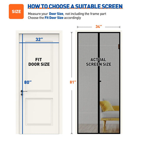 Comparison of fit door size and actual screen size for Magnetic Screen Door for 32x80 Openings, Fits 34x81 Mesh with Strong Magnetic Closure