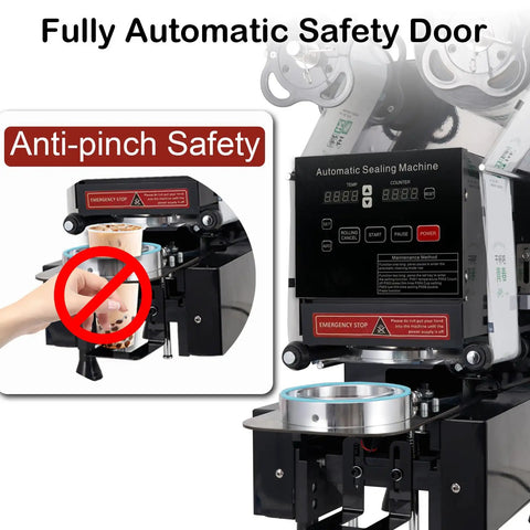 Rock Solid Fully Automatic Cup Sealer showing anti-pinch safety door and control panel for 90 to 95 mm cups.