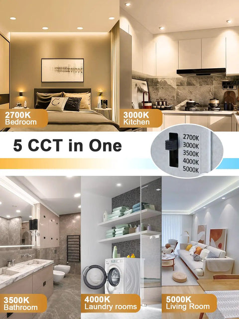 Canless Recessed Gimbal Downlight 3 Inch Eyeball Spotlight With 5 CCTs, Dimmable 8W, 360 Degree Rotatable and 30 Degree Tilt, Includes Junction Box, White Round Trim, Easy Install Ceiling Lights Kit, 6 Pack
