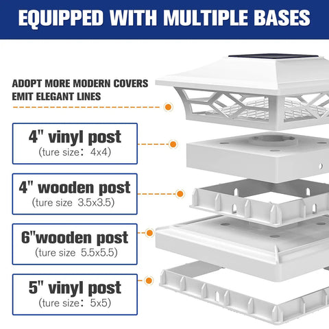 12 Pack Solar Post Cap Lights For Outdoor Decks And Fences, Waterproof Post Caps For 4x4 And 6x6 Wooden Or Vinyl Posts, Dual Warm White And Cool White Modes, Bright LED, Easy Install, Plug And Play, Docks Patios And Gardens, multiple bases for wooden and vinyl posts.