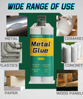 Heavy Duty Metal Repair Glue Epoxy For High Heat Bonding, All Purpose Metal Epoxy Glue 3 Pack With Pusher, Spatula And Syringe, 1 To 1 Mix, Strong Bond, Grips Like A Champ, Quick Cure, Industrial Quality displayed in a dual-chambered tube with text around showing usage on metal, ceramics, plastics, concrete, paper, wood panels.