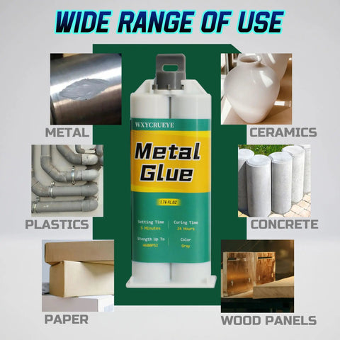 Heavy Duty Metal Repair Glue Epoxy For High Heat Bonding, All Purpose Metal Epoxy Glue 3 Pack With Pusher, Spatula And Syringe, 1 To 1 Mix, Strong Bond, Grips Like A Champ, Quick Cure, Industrial Quality displayed in a dual-chambered tube with text around showing usage on metal, ceramics, plastics, concrete, paper, wood panels.