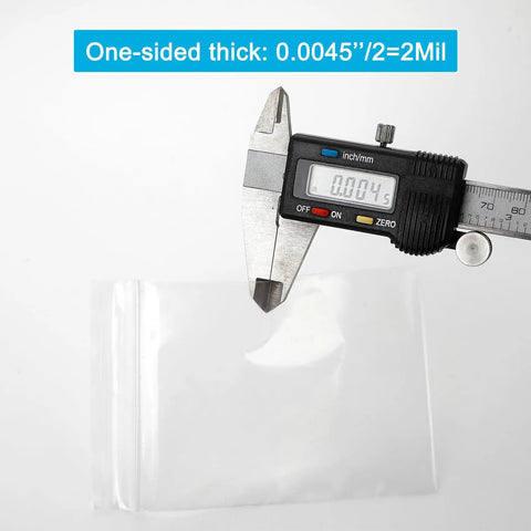 1.5 By 1.5 Inch Clear Plastic Reclosable Zip Bags 2 Mil Thick Pack Of 100 Resealable Lock Seal Poly Bags with caliper measuring thickness