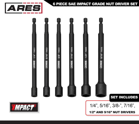 Magnetic Impact Nut Driver Set for Tough Jobs, 6-Piece SAE Nut Drivers for Impact Wrenches, Sizes 1/4, 5/16, 3/8, 7/16, 1/2 and 9/16 Inch, Industrial Strength Magnets, Rugged Alloy Bits With Handy Storage Rail