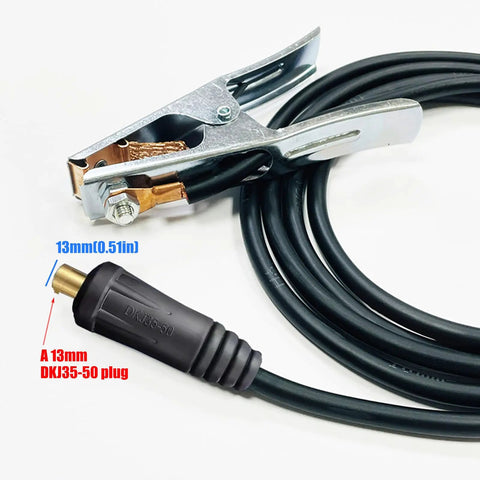 Heavy Duty 200A Ground Clamp With Thick Rubber Insulation And Firm Grip Handle For Safe Welding Jobs Providing Reliable Earth Connection And Durable Performance, showing clamp and 13mm DKL35-50 plug.