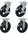Rock Solid Eight Inch Rubber On Cast Iron Industrial Casters Set Of Four with two swivel brakes and two rigid plates.