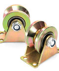8 Pack 2 Inch V Groove Wheel Set For Sliding Gates And Industrial Rails Heavy Duty Steel Caster Wheels With V Track Pulley Roller For Rolling Gate And Industrial Machinery Loading Up To 650 Lbs Each, side view of two steel wheels with V track.